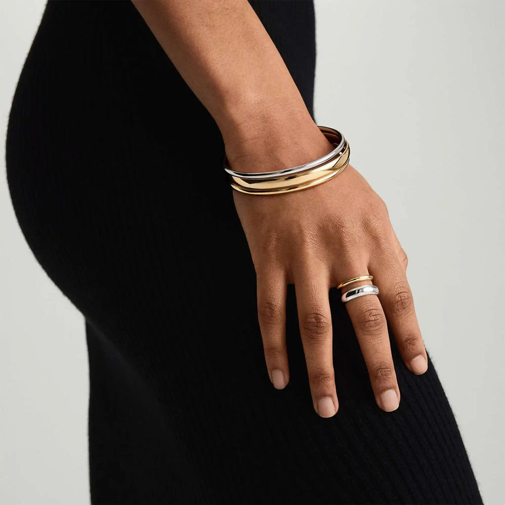 Dilla Double Open Ring gold silver on model side view — Tamola Jewellery