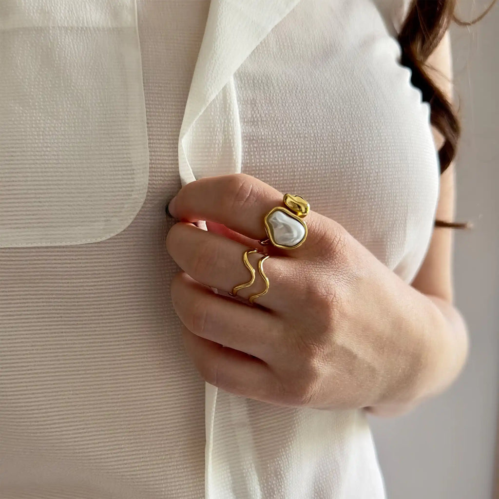 Eira Organic Pearl Ring gold on model hand — Tamola Jewellery