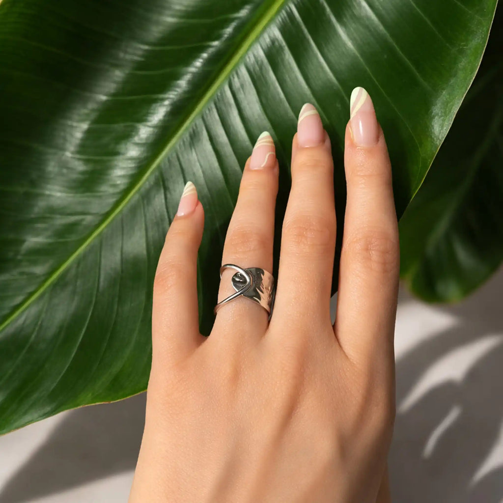 Lina Open Ring silver adjustable on model hand — Tamola Jewellery