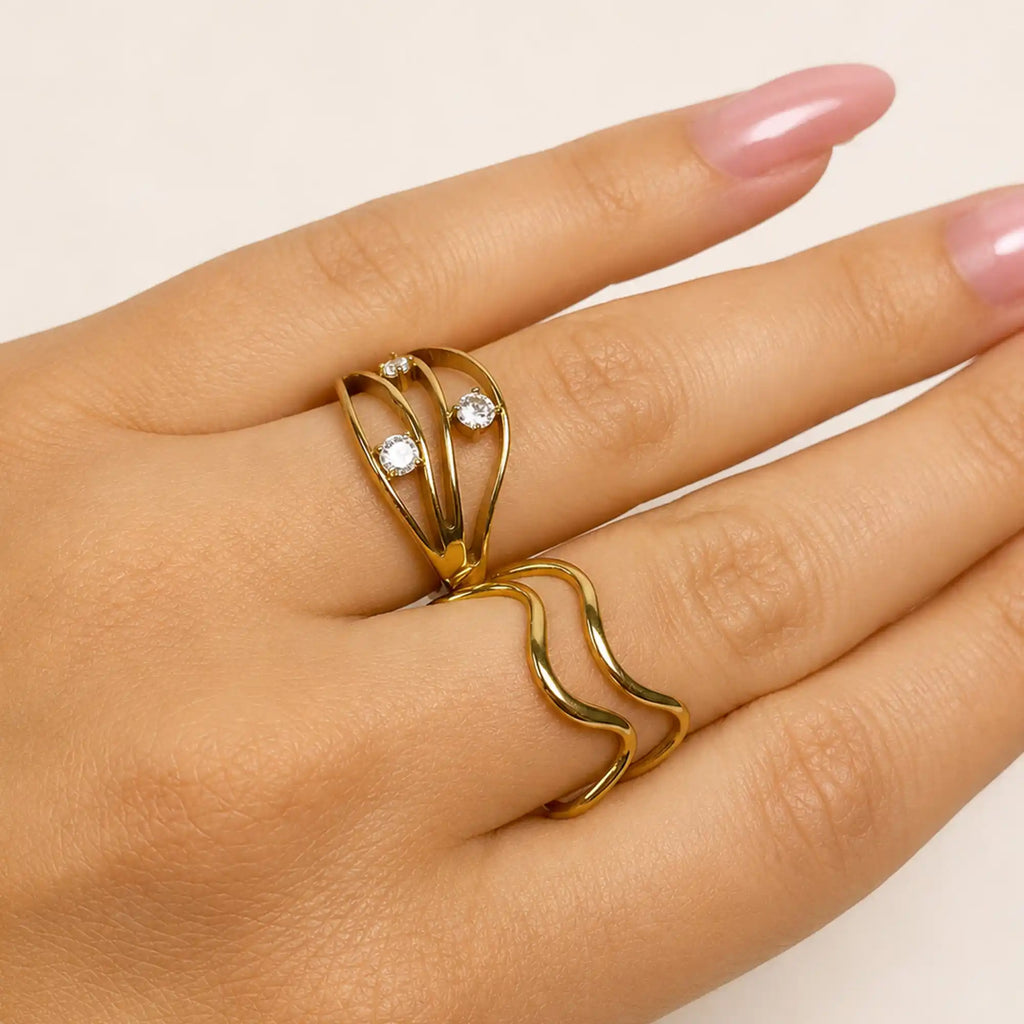 Noel Multi Band Stone Ring gold side view — Tamola Jewellery