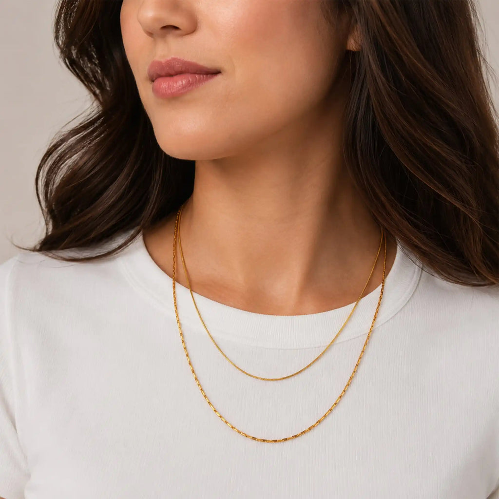 Sole Snake Chain Necklace gold stainless steel on model — Tamola Jewellery