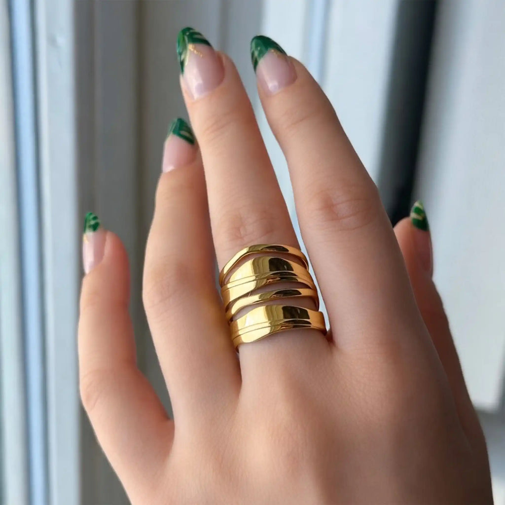 Sena Layered Line Ring gold on model hand — Tamola Jewellery