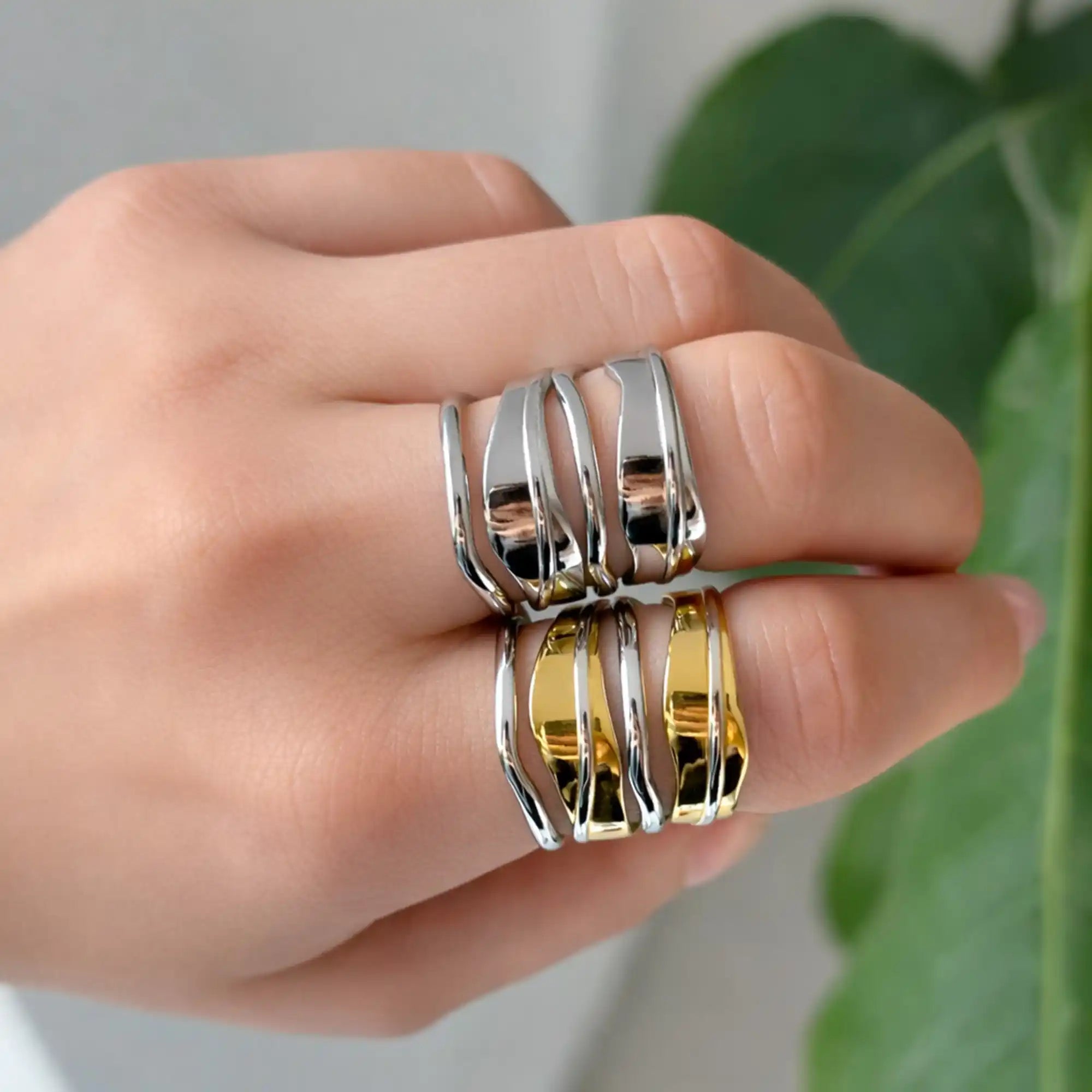 Sena Layered Line Ring silver on model hand — Tamola Jewellery