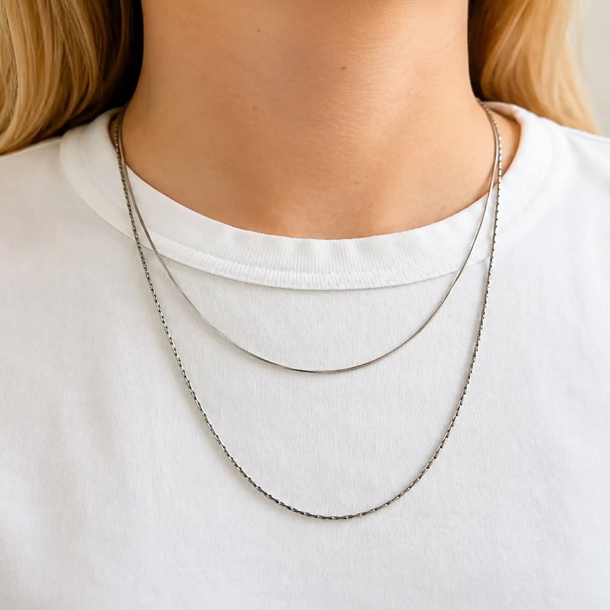 Sole Snake Chain Necklace silver on model neck — Tamola Jewellery