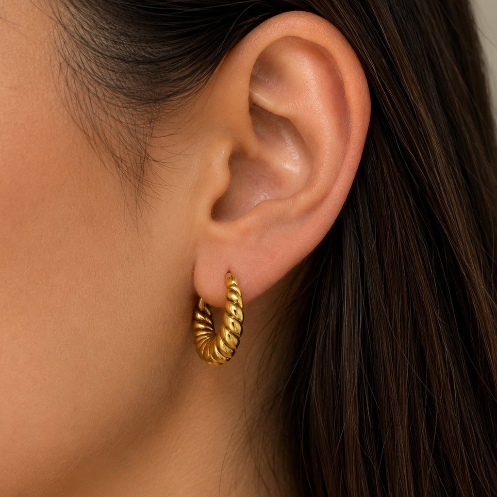 Colette Hoop Earrings gold ridged hoops on model — Tamola Jewellery