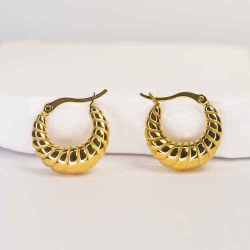 Colette Hoop Earrings gold ridged front view — Tamola Jewellery