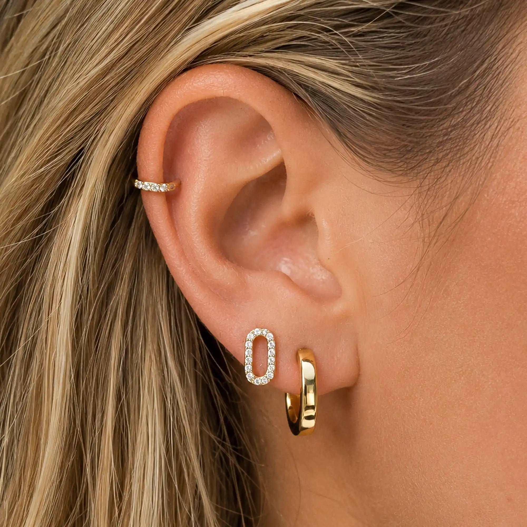 Elia Mini Hoop Earring Set gold stainless steel on model — Tamola Jewellery
