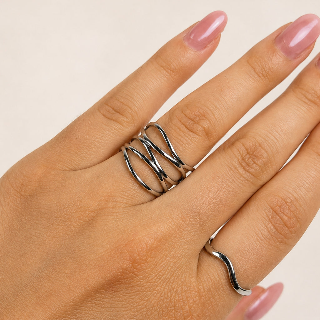 Naya Layered Open Ring silver adjustable front — Tamola Jewellery