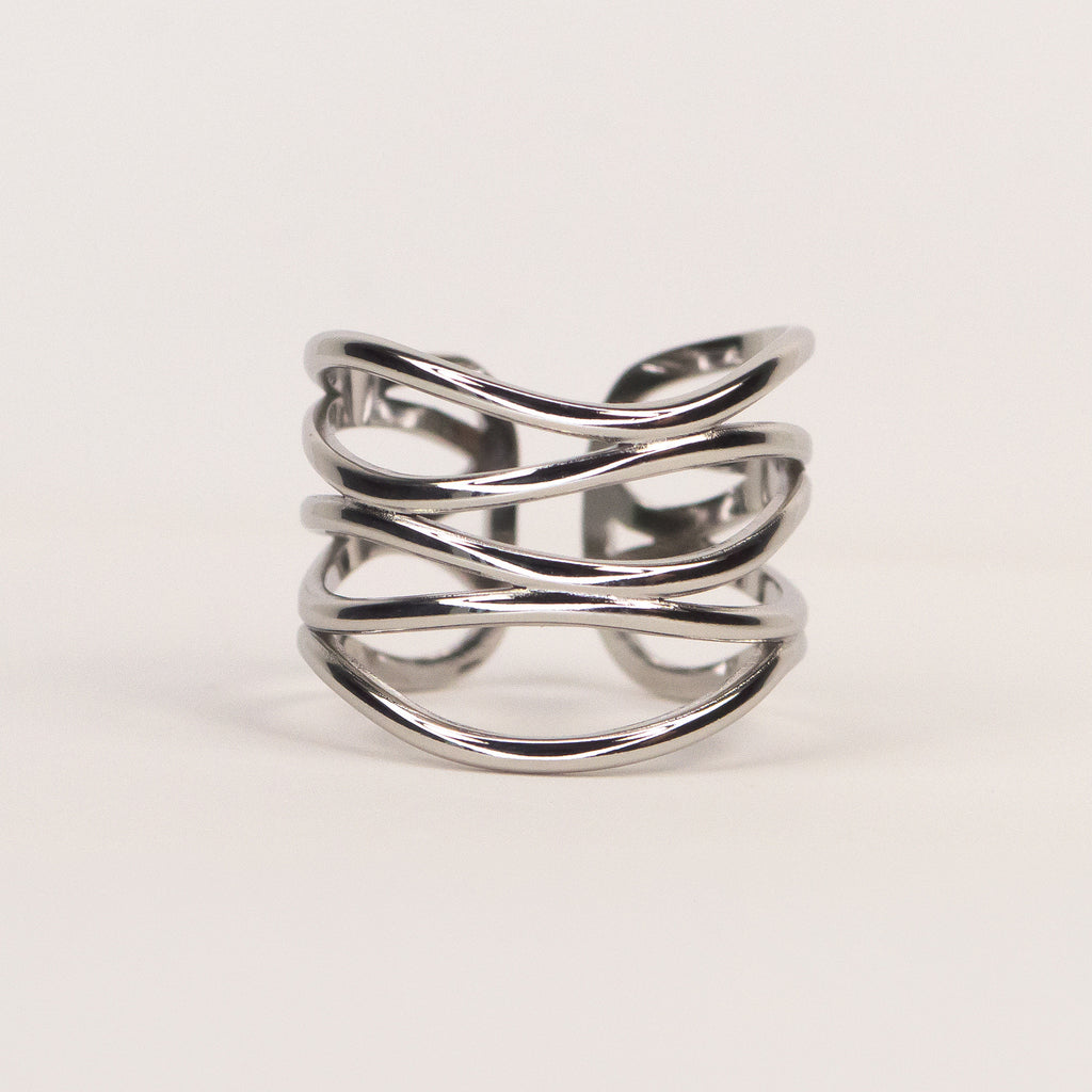 Naya Layered Open Ring silver stainless steel front view — Tamola Jewellery