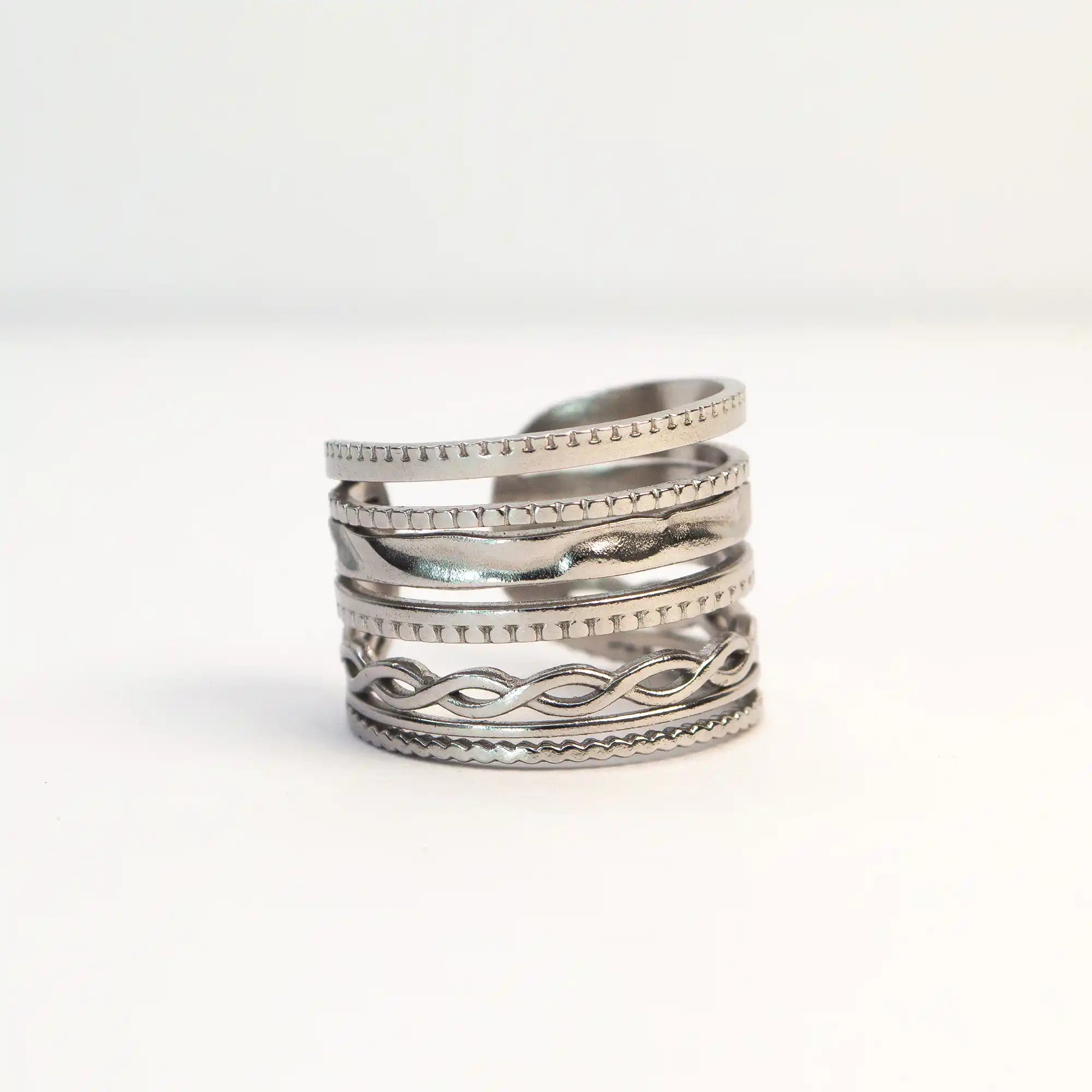 Sora Adjustable Steel Ring silver back view — Tamola Jewellery