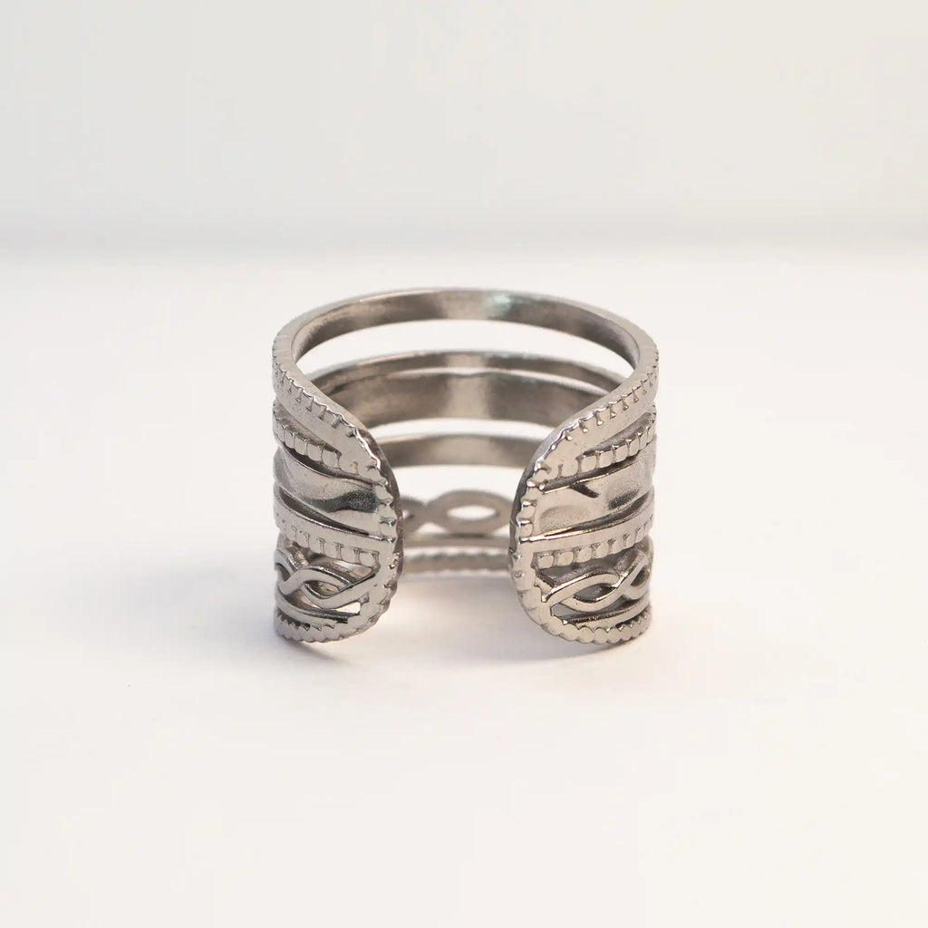 Sora Adjustable Steel Ring silver side view — Tamola Jewellery