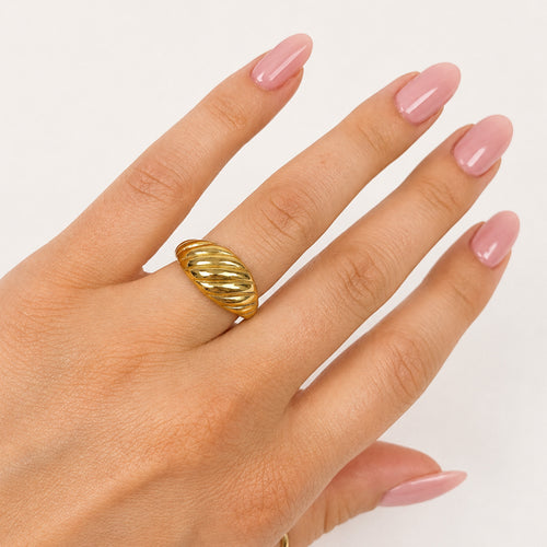 Camille Sculptural Dome Ring gold stainless steel side view — Tamola Jewellery