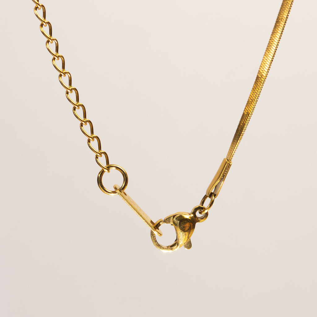 Saga Flat Snake Chain Necklace gold stainless steel side view — Tamola Jewellery